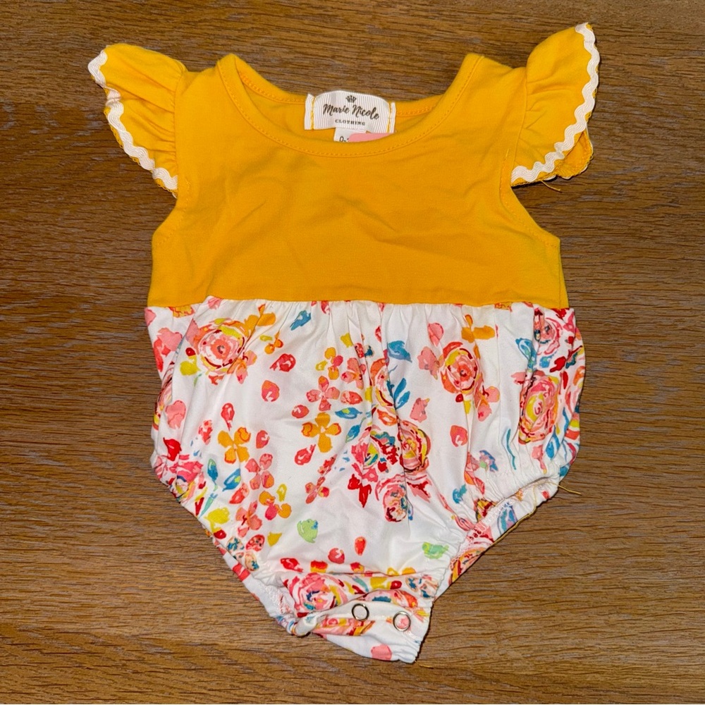 Marie Nicole Baby Girl's Yellow and Floral Print Bubble Romper.